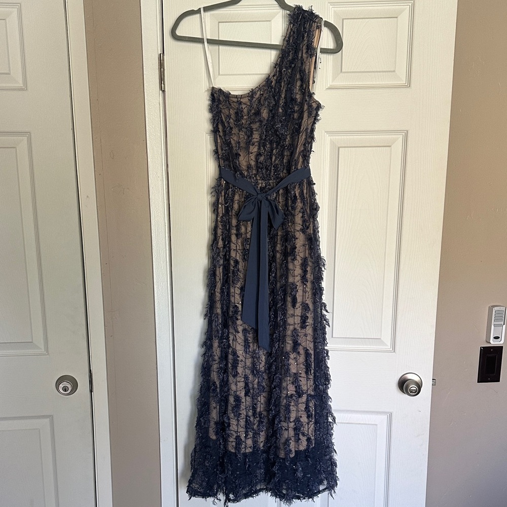 Just Me Navy One-Shoulder Lace-Overlay Evening Gown